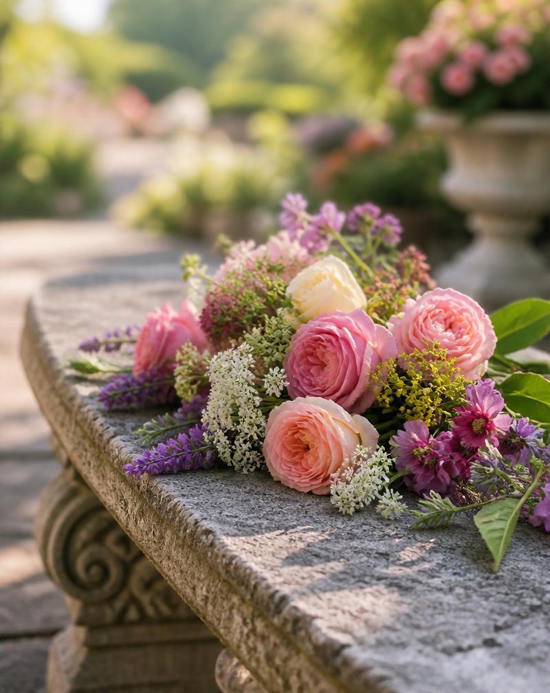 Fresh garden flowers resting on a weathered stone bench in warm morning light